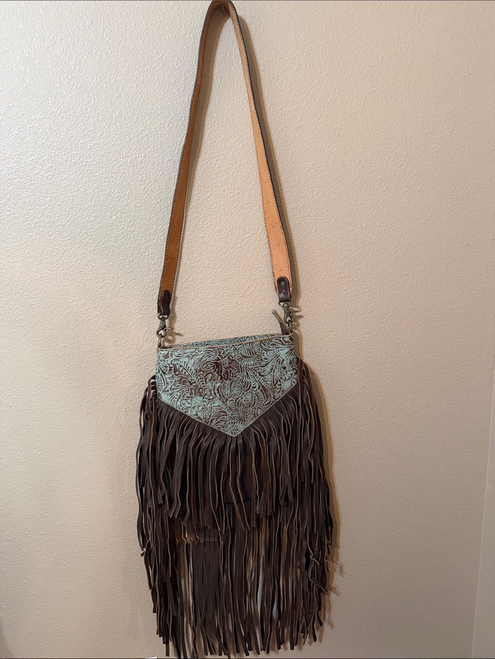 American Darling Fringe Crossbody Bag with Tooled Turquoise Accent